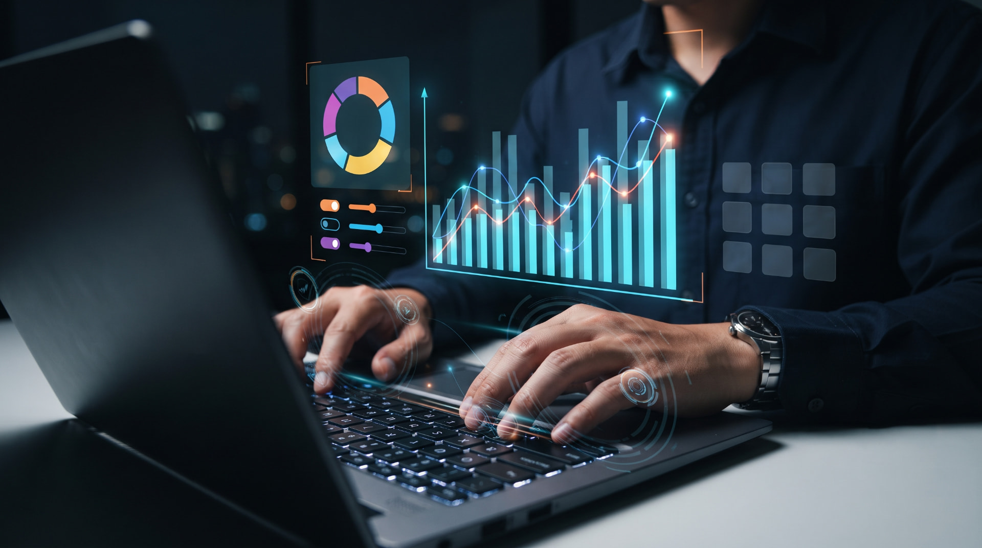 Data analyst using an interactive business intelligence dashboard